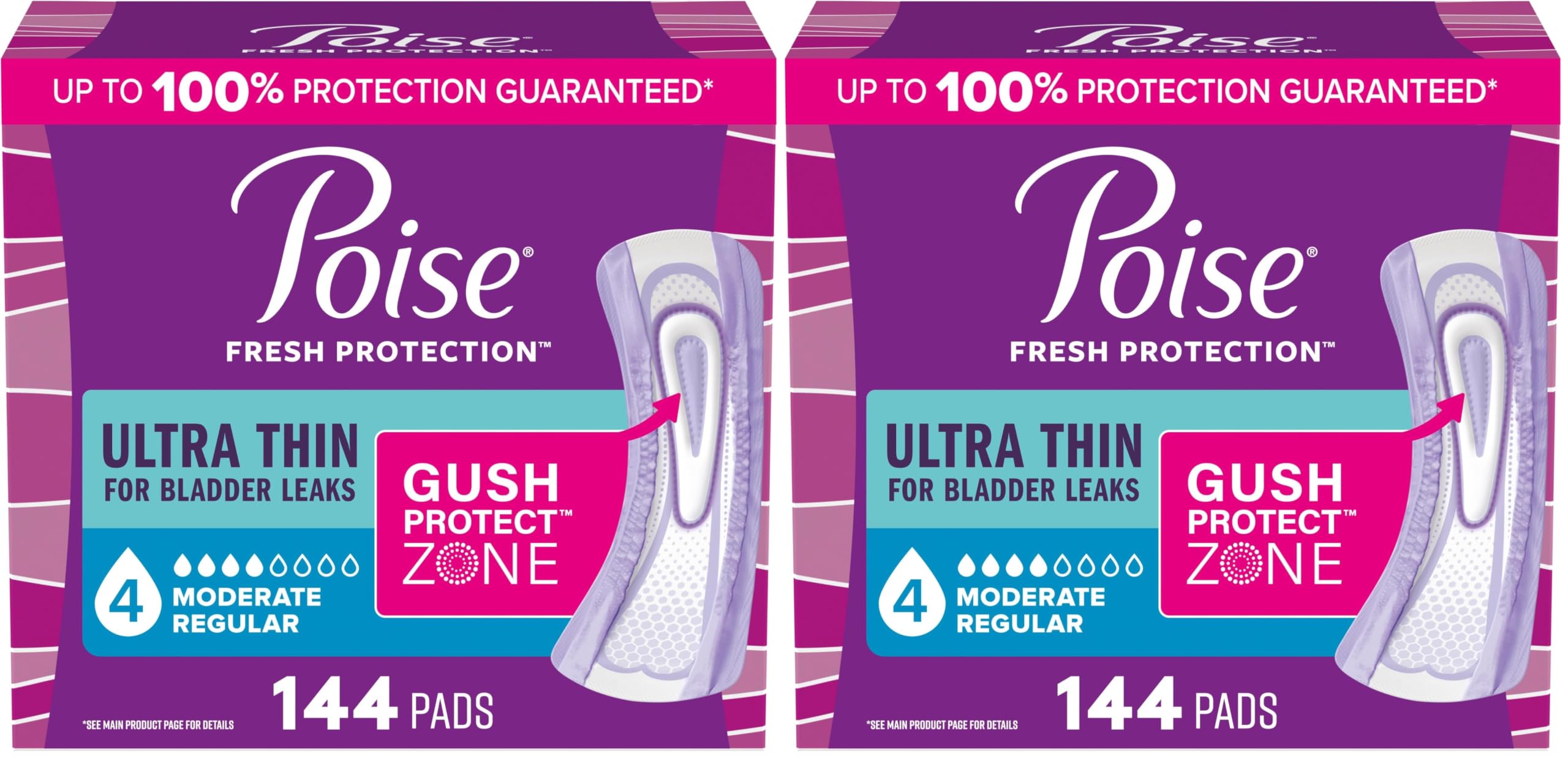 Poise Ultra Thin Incontinence Pads &amp; Postpartum Pads for Bladder Leaks, 4 Drop Moderate Absorbency, Regular Length, Packaging May Vary,144 Count (Pack of 2)