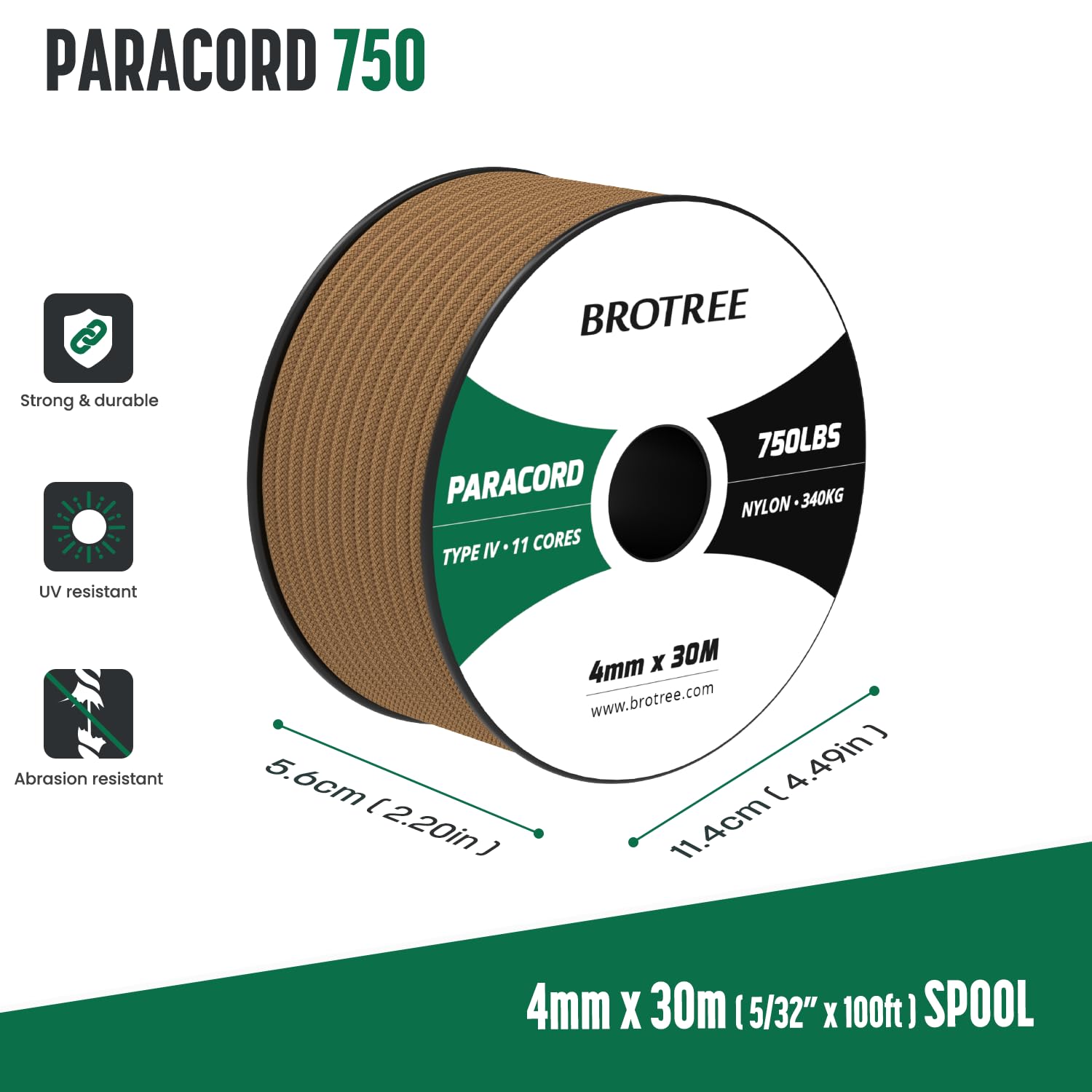 Brotree 4mm Paracord 750lb Nylonowa Sznurek 11-żyłowa Linka Typ IV do Zewnątrz, Survivalowy, Biwakowania - Obciążenie Niszczące 340kg