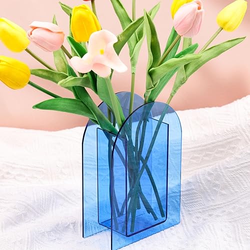 Jarrón de acrílico azul arqueado para decoración estética moderna de habitación, jarrón decorativo de plástico para dormitorio, mesa de sala de