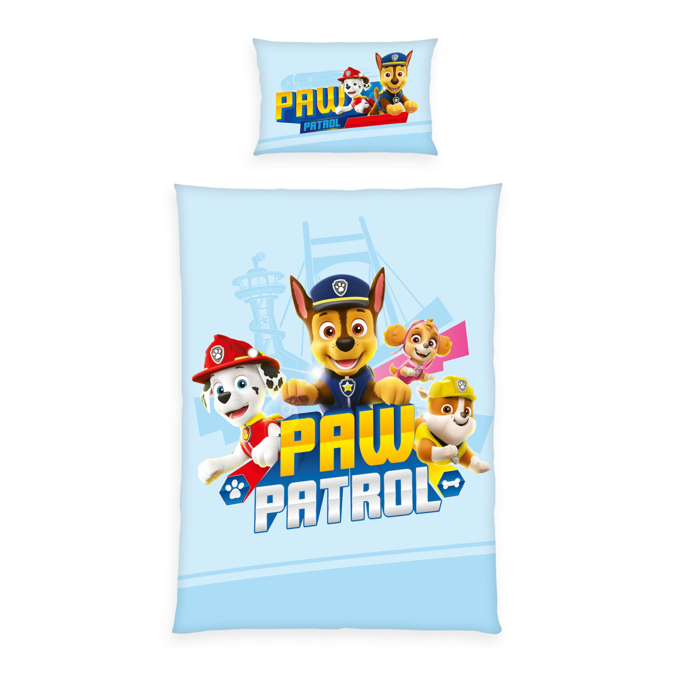 Paw Patrol Toddler Bed Linen, Pillowcase Approx. 40 x 60 cm, Duvet Cover Approx. 100 x 135 cm, with Envelope and Button Placket, 100% Cotton