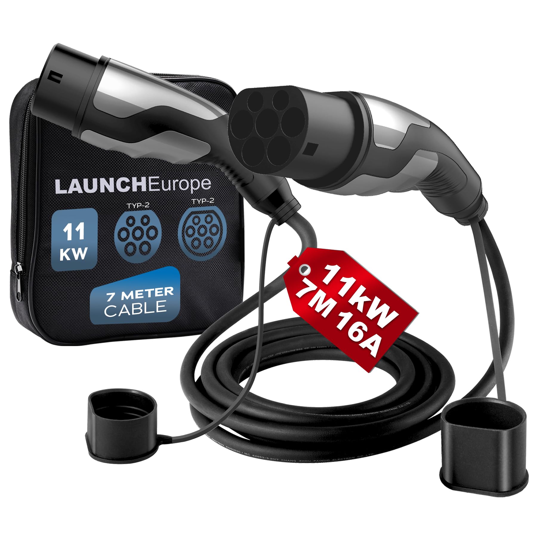 LAUNCH Type 2 Charging Cable,16A/11kW/7M/3 Phase/IP55,Type 2 to Type 2 EV Charging Cable Facilitates Fast Charging for Electric Vehicles,TÜV,CE,RoHS,UKCA Certified,Includes Carry Bag