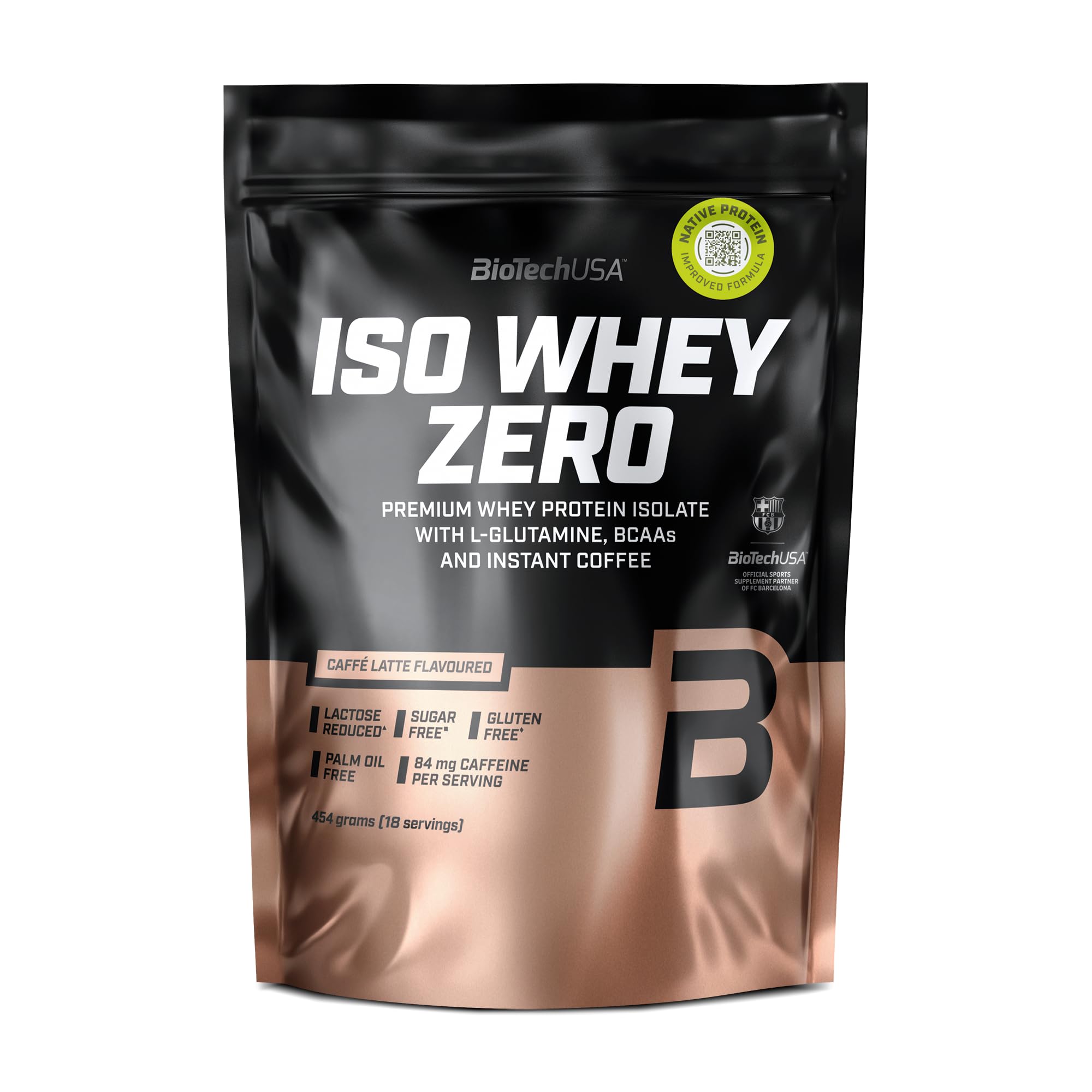 BioTechUSA Iso Whey Zero | Premium Whey Protein Isolate | Grass-Fed | Enzyme-Free | Sugar- and Gluten-Free, 454 g, Caffé Latte