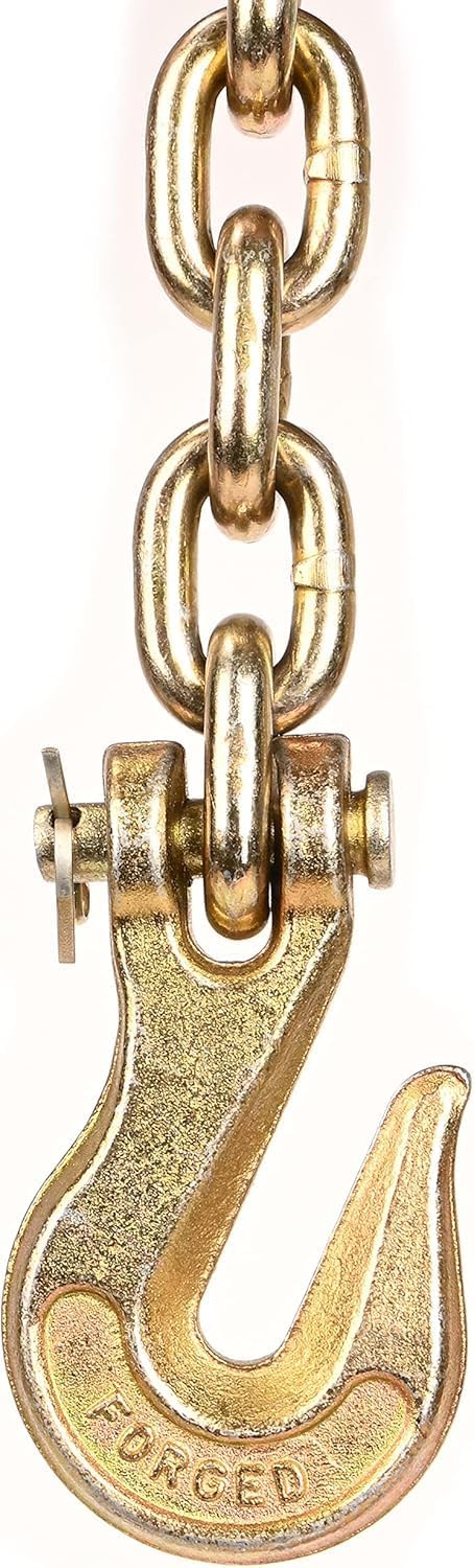 Eisen G80 Heavy Duty Transport Chain 5/16 Inch x 10 Foot, Load Binder Tow Lock Chains with G70 Clevis Grab Hooks, 4,900 lbs Safe Working Load for Loading Tie Down Fixed Cargo Flatbed Truck Trailer