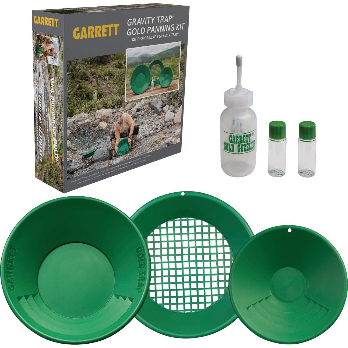 Garrett Complete Gold Pan Kit – Includes 14″ Trap Pan, Sifter, 10″ Backpacker Pan, Gold Guzzler Bottle, Vials – Gold Panning Starter Set