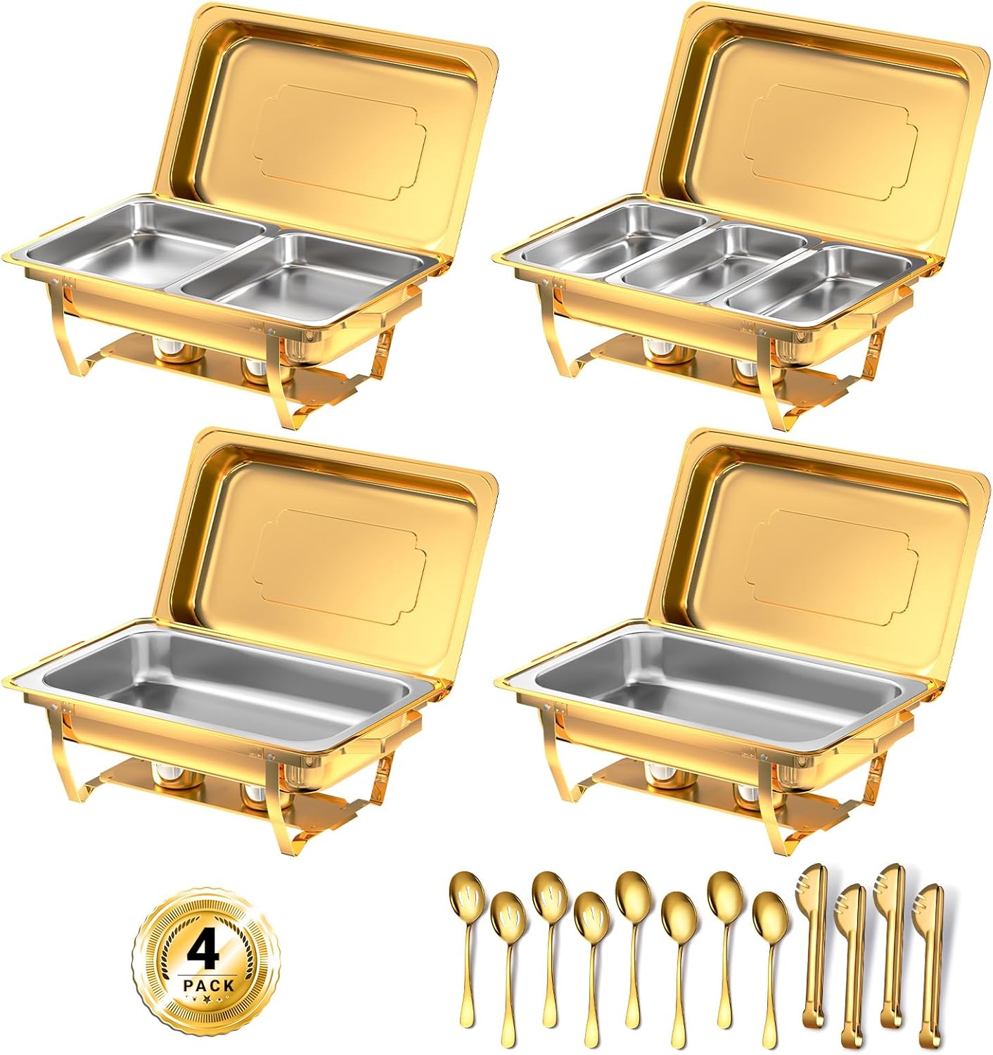 Chafing Dishes for Buffet, 8 Qt High Grade Chafing Dish Buffet Set, Rolled-Edge Design Food Warmers for Parties, Buffet, Wedding, Birthday, Camping 4 Pack 7 Pans (Gold)