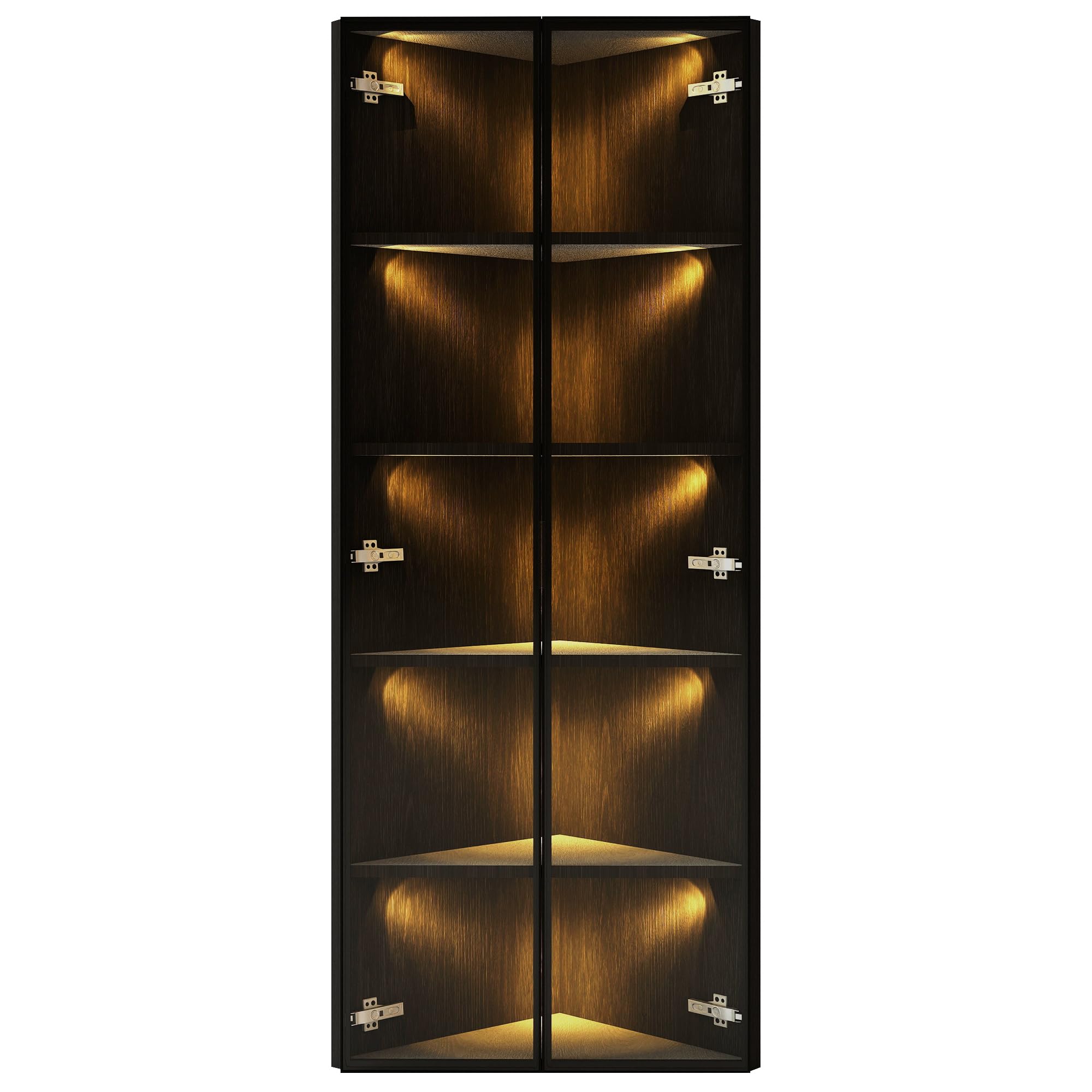 Vetrina in vetro a LED, 62 x 35 x 160 cm, nera, con strisce luminose integrate, vetrina in vetro temperato resistente alla polvere, con elementi angolari con ante – armadio ad angolo, libreria