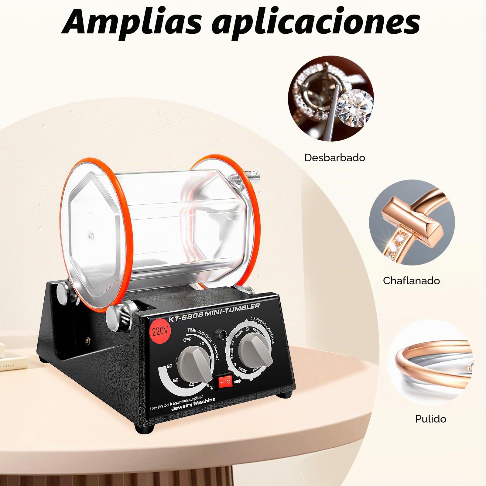 Pulidora de 3 kg 220 V, tambor de pulido, molinillo de bolas con motor de 60 W y temporizador, 5 niveles de regulación de velocidad (500 – 3000 rpm), barril transparente para joyas, monedas, piezas
