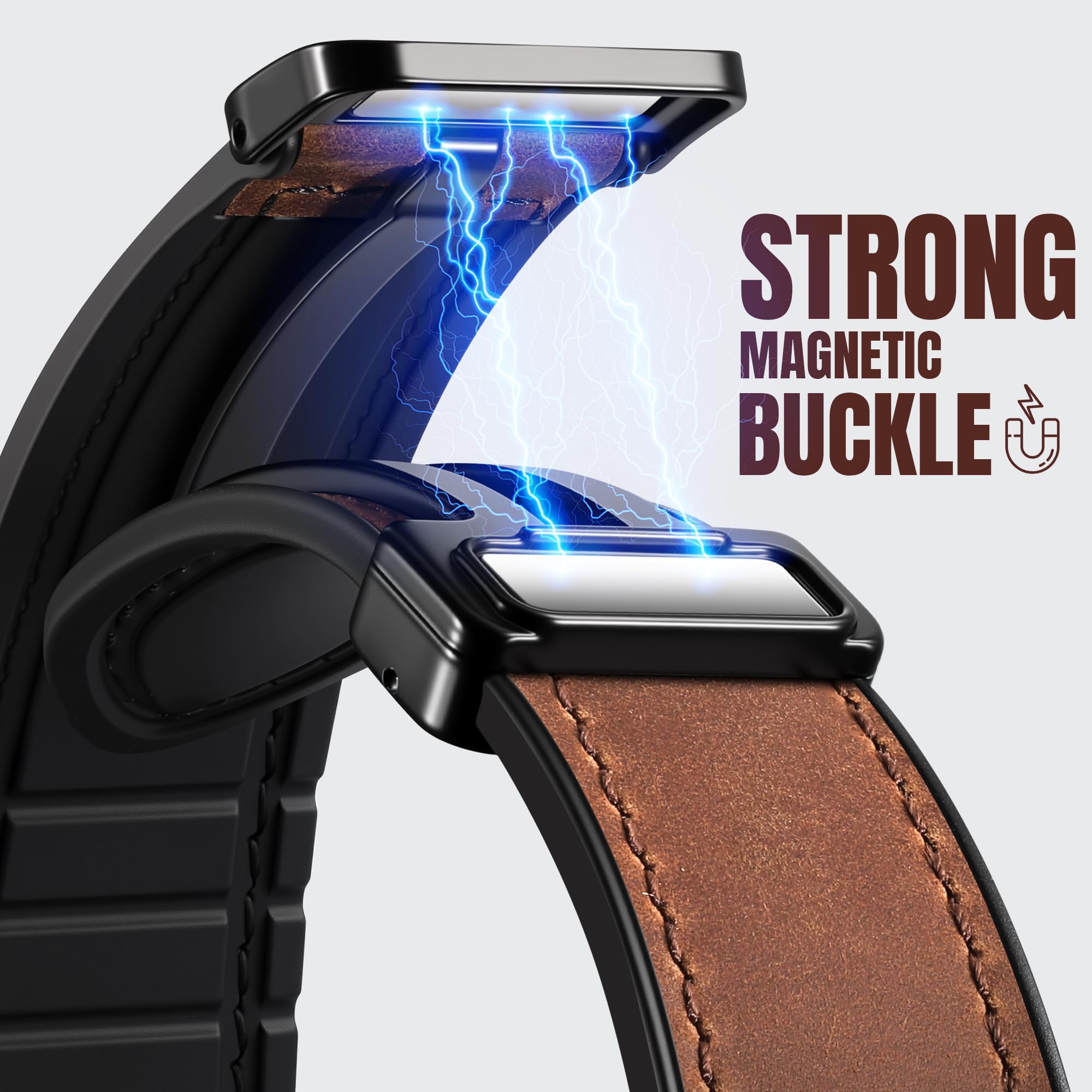 Charlam Magnetic Leather Bands Compatible with Apple Watch Bands 49mm 46mm 45mm 44mm 42mm 41mm 40mm 38mm Men Women,Genuine Leather Straps for iWatch Bands Ultra 3/2/1 SE Series 11 10 9 8 7 6 5 4 3 2 1 — view 3