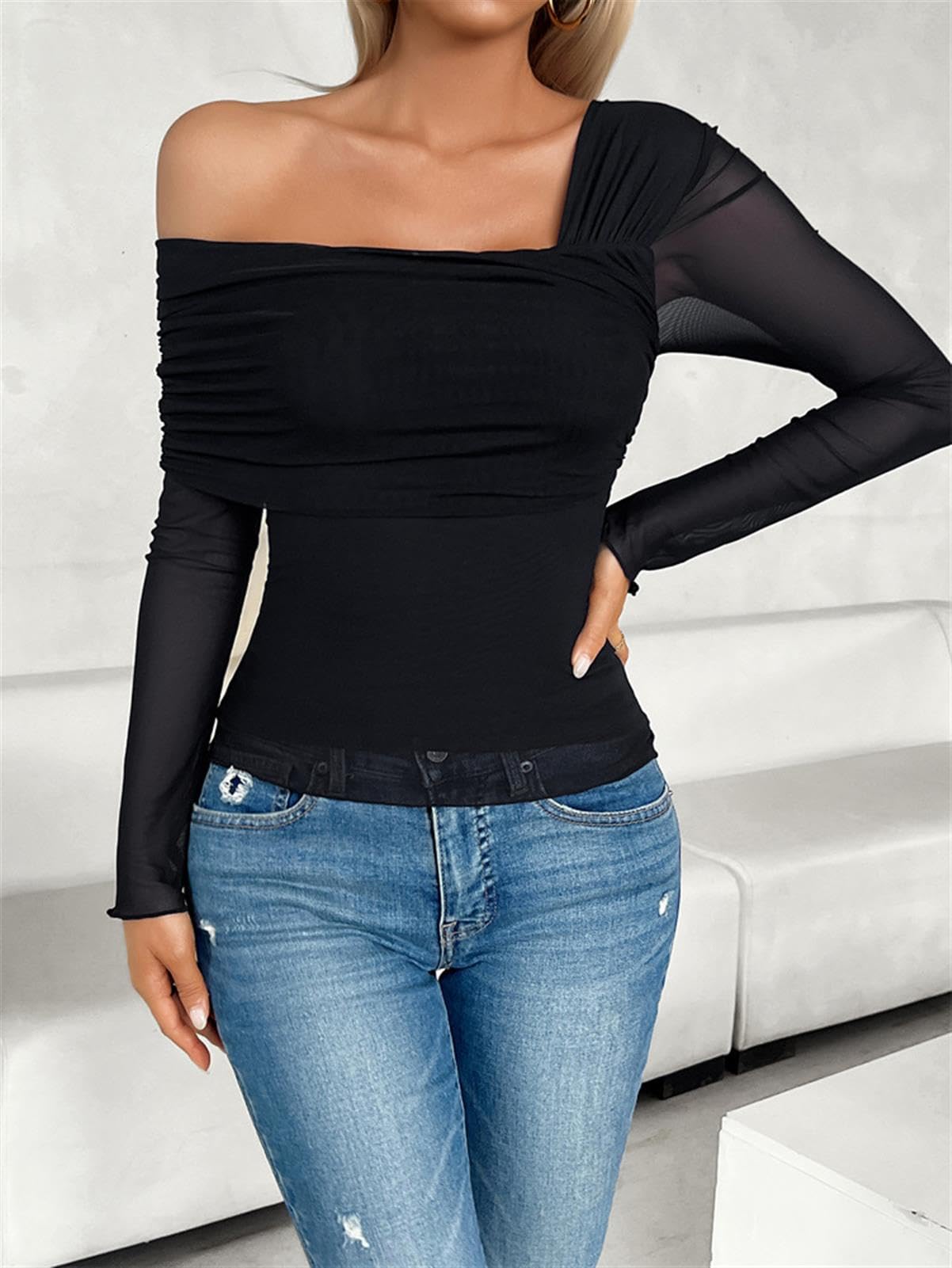 Frauen Slim Fit T-Shirts Gerafftes Crop Top Schulterfrei Langarm Casual Ausgehen Tops