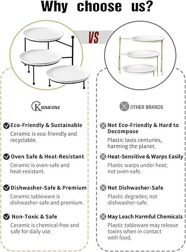 Miniatura 3 de Kanwone Soporte para servir de 3 niveles con platos de porcelana blanca, soporte giratorio de exhibición de alimentos, bandejas de servicio de 10 x