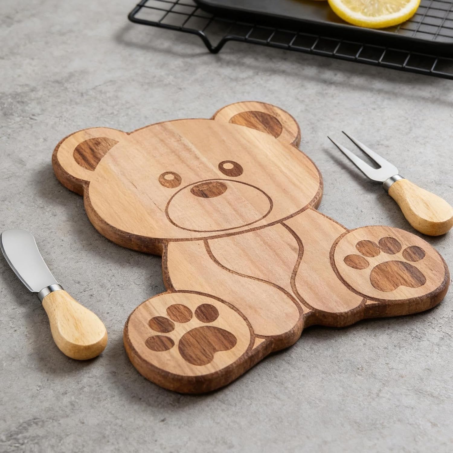 Juego de tabla de queso de madera de acacia con cuchillo de queso y tenedor, tabla de madera para queso, salchichas, frutas y aperitivos, set de regalo para brunch, picnic y celebraciones