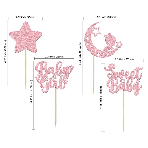Miniatura 2 de Gyufise 24 piezas de decoración para cupcakes de bebé niña con purpurina rosa, estrella y luna, dulce baby shower, baby shower, fiesta de