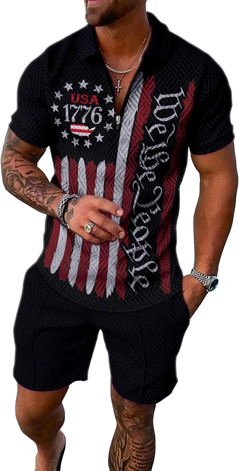 MQUN Summer men short sets outfits 2 Piece Short Sleeve Polo Shirt Shorts Set men short sets outfits Casual Sport Suit