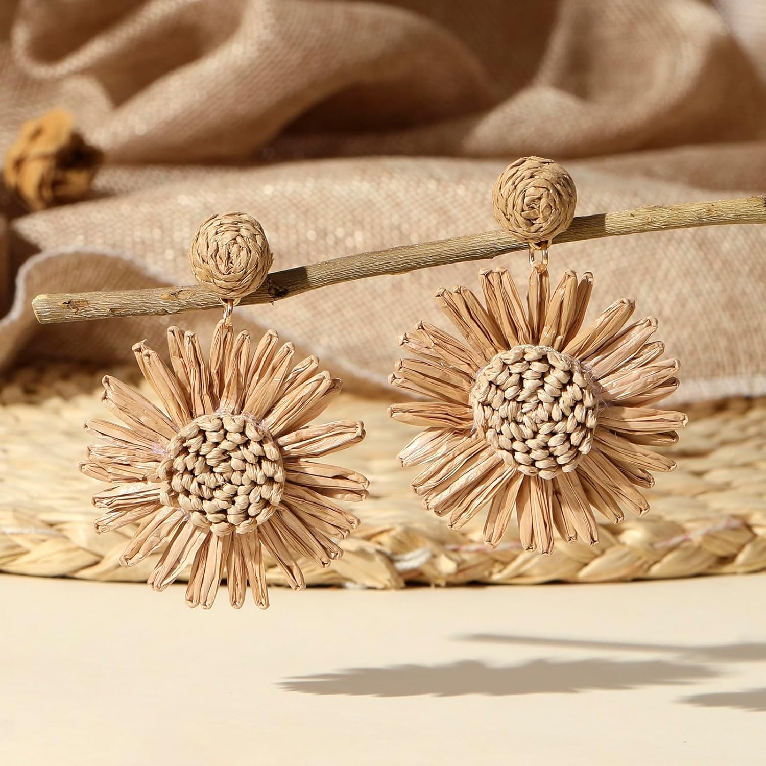 Raffia Earrings for Women Boho Beach Straw Rattan Summer Tropical Big Flower Earrings for Women Vacation - Image 4