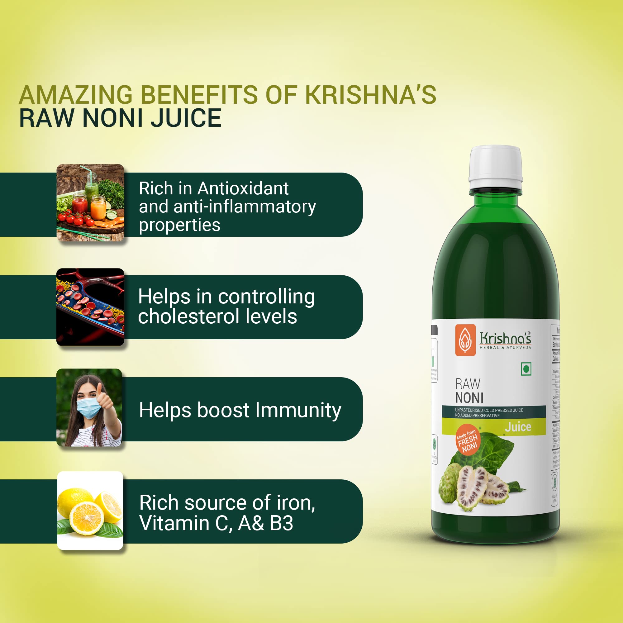 KRISHNA'S HERBAL & AYURVEDA Raw Noni Juice-1000 Ml|Preservative Free|No Added Thickener Color Or Flavor|Sugar Free Juice|Enhance Energy|Made With Fresh Noni Fruit (Morinda Citrifolia)