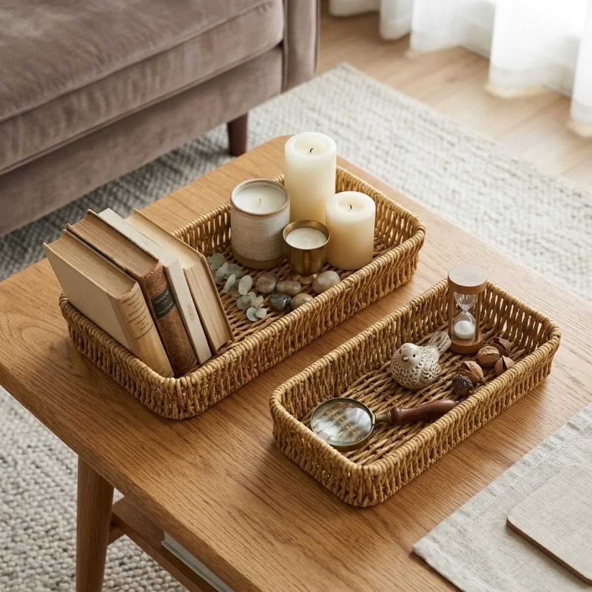 DEİNHAUS Hasır Örgü Dikdörtgen Sepet Tepsisi, 2'li Set, Doğal Renk, Ekmek ve Organizer Kullanımı, 28x10 cm ve 24x9 cm