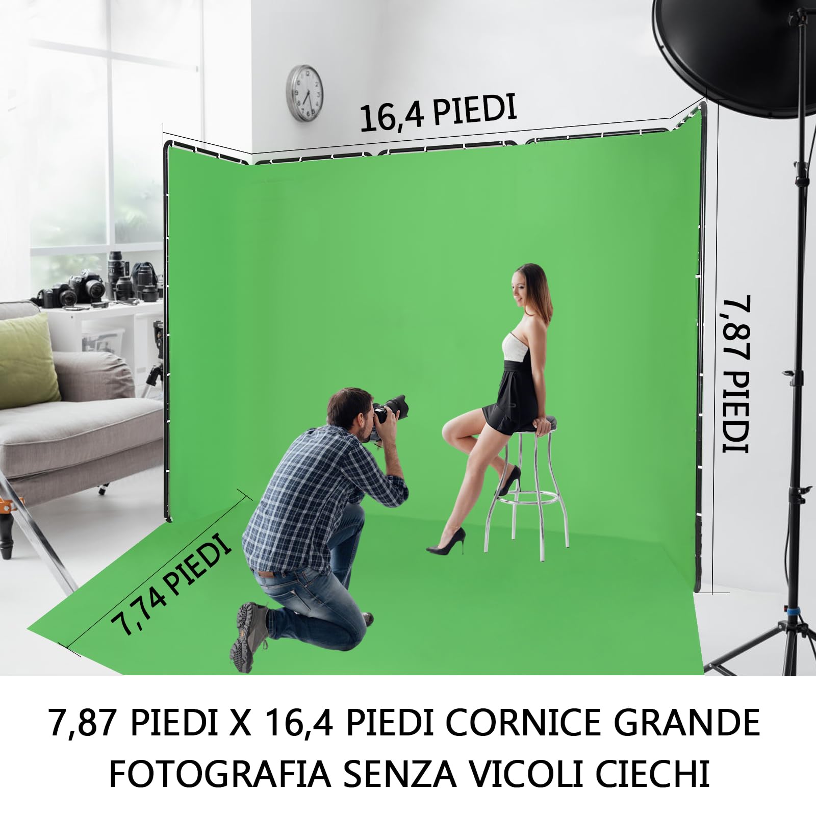 2,4 x 5 m professionale, portatile, grande sfondo verde Chromakey con cornice, sistema di supporto per foto di studio video, trasmissioni live, feste, palcoscenico
