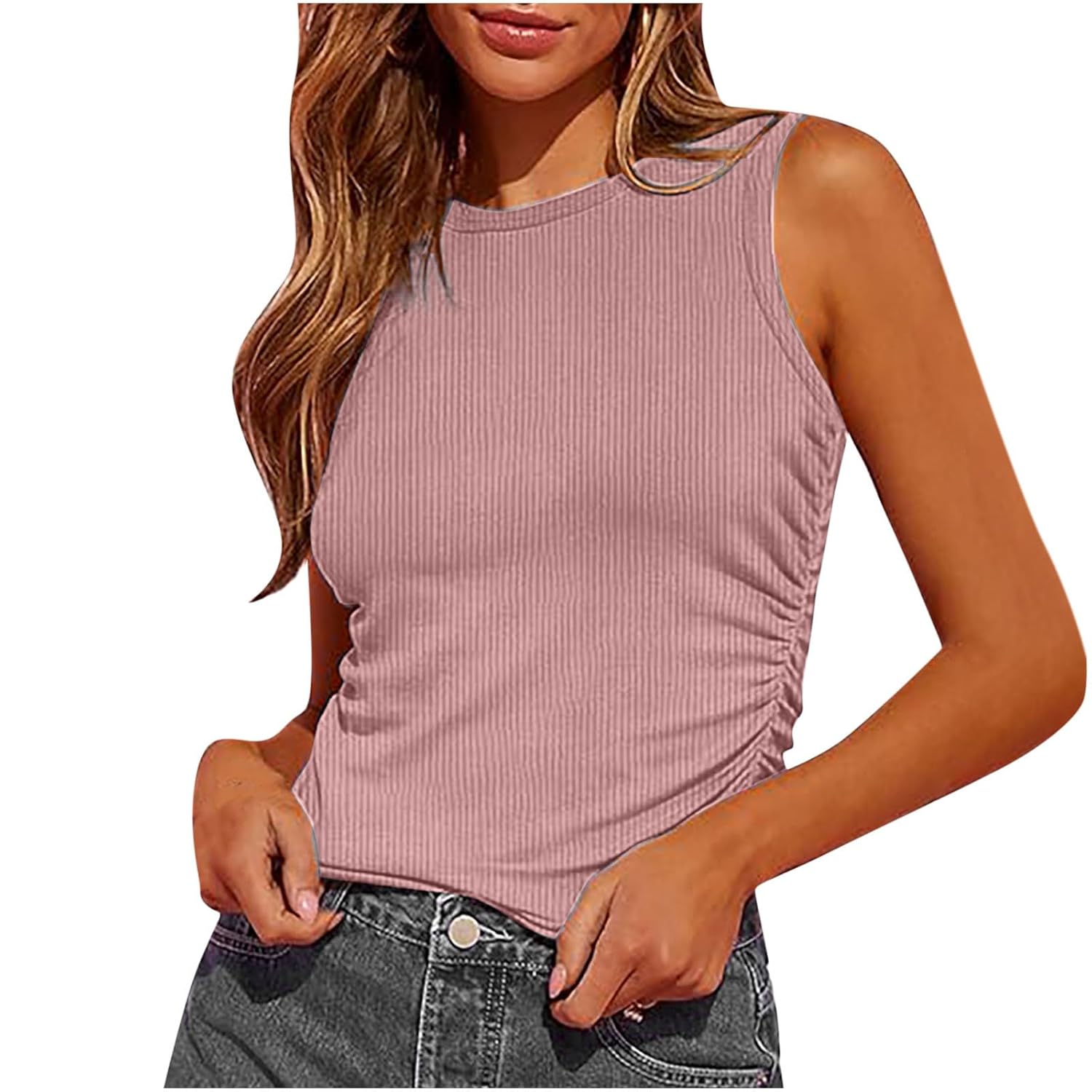 Tank Top for Women Dressy Casual Ribbed Ruched Sleeveless Crewneck Solid Cropped Blouse Basic Slim Fit Summer Tshirts