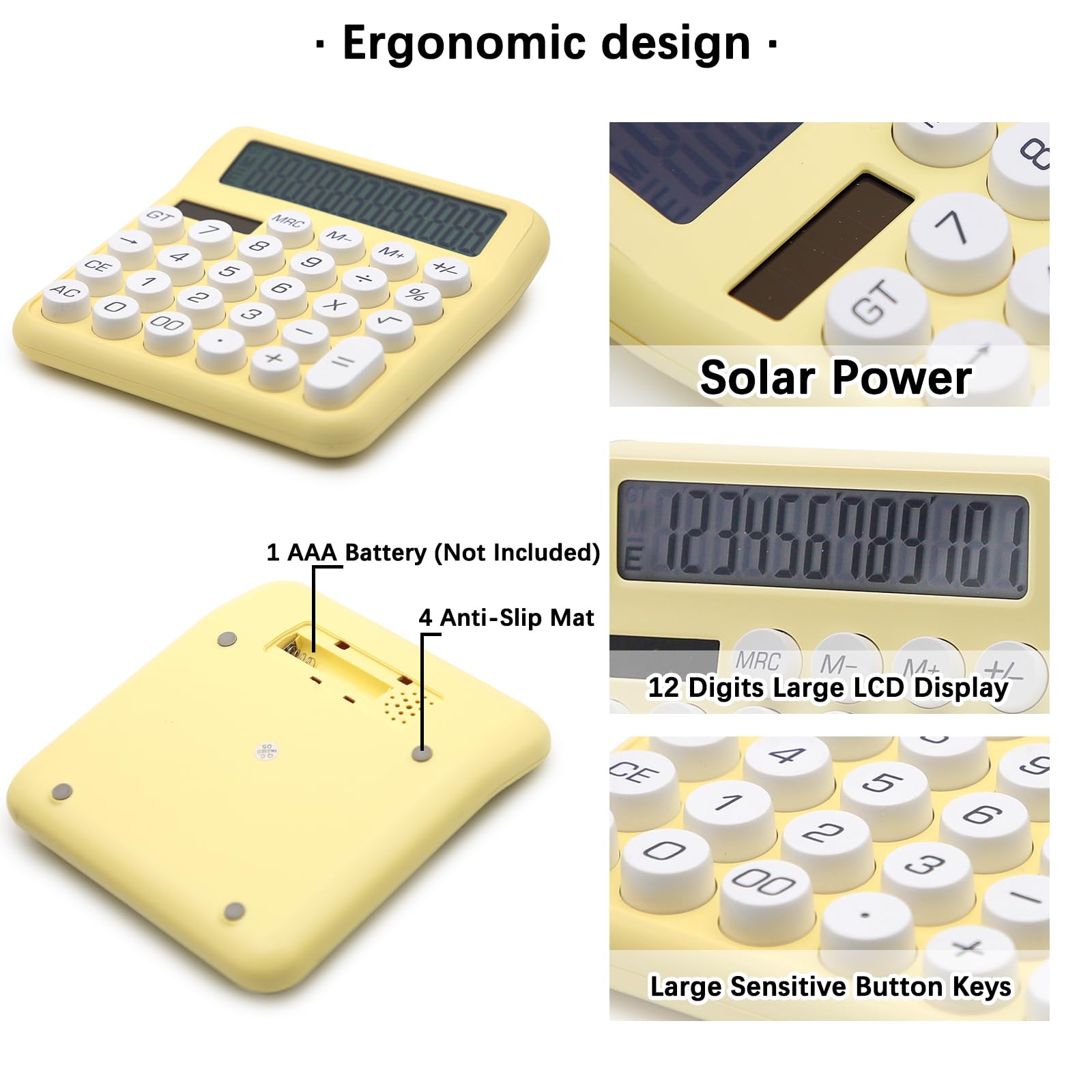OFFIDIX Office Desktop Calculator, 12 Digit Standard Basic Calculator Cute Candy Color (Yellow) - Image 3