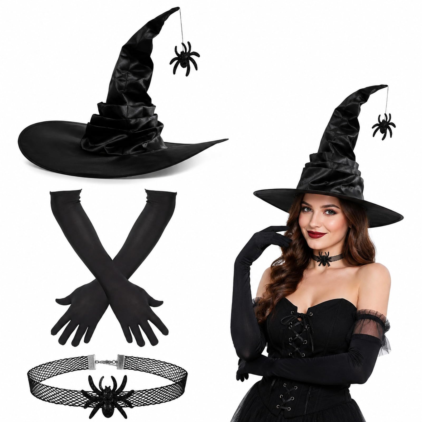 3PCS Witches Hat, Witch Costume, Witch Hat with Spider Necklace & Gloves