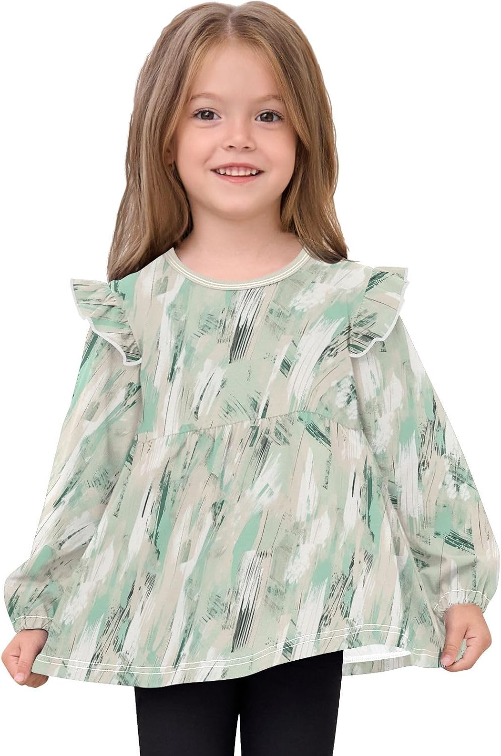 visesunny Toddler Clothes for Girls Mint Block Graffiti Long Sleeve Fall Shirts Cotton Top with Ruffle Collar