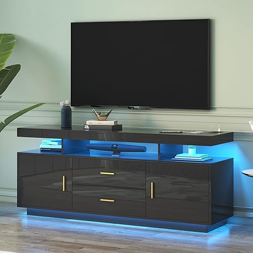 LVSOMT Centro de entretenimiento de alto brillo con iluminación de 3 colores, soporte de TV moderno LED para TV de más de 65 pulgadas, gabinete de