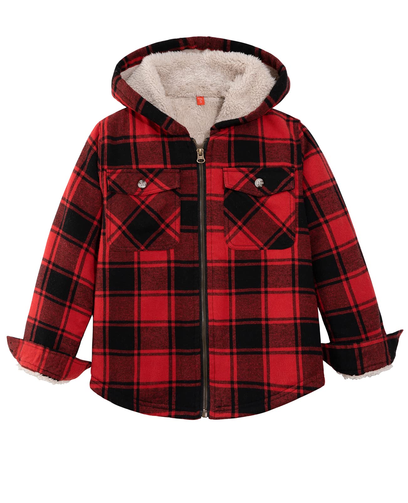 Boys Sherpa Lined Full Zip Flannel Plaid Shirt Jacket,Cozy Hooded Flannel Shirt with Hand Pockets