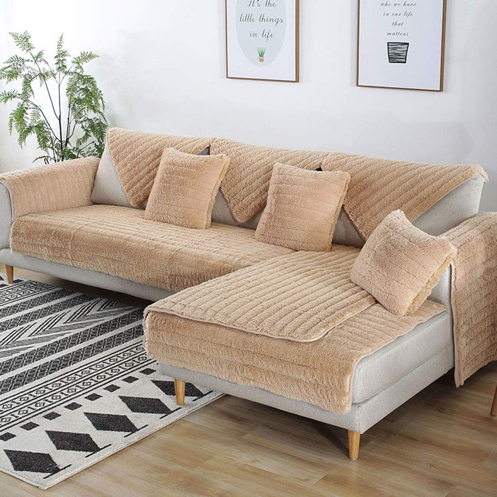 HC&WT Pluszowa gruba sofa do salonu, 1 sztuka, nowoczesny pokrowiec, jednokolorowy, w paski, na sofę, ręcznik na podłokietnik, antypoślizgowy, nadaje się do prania w pralce, ochrona sofy (khaki, 110 x