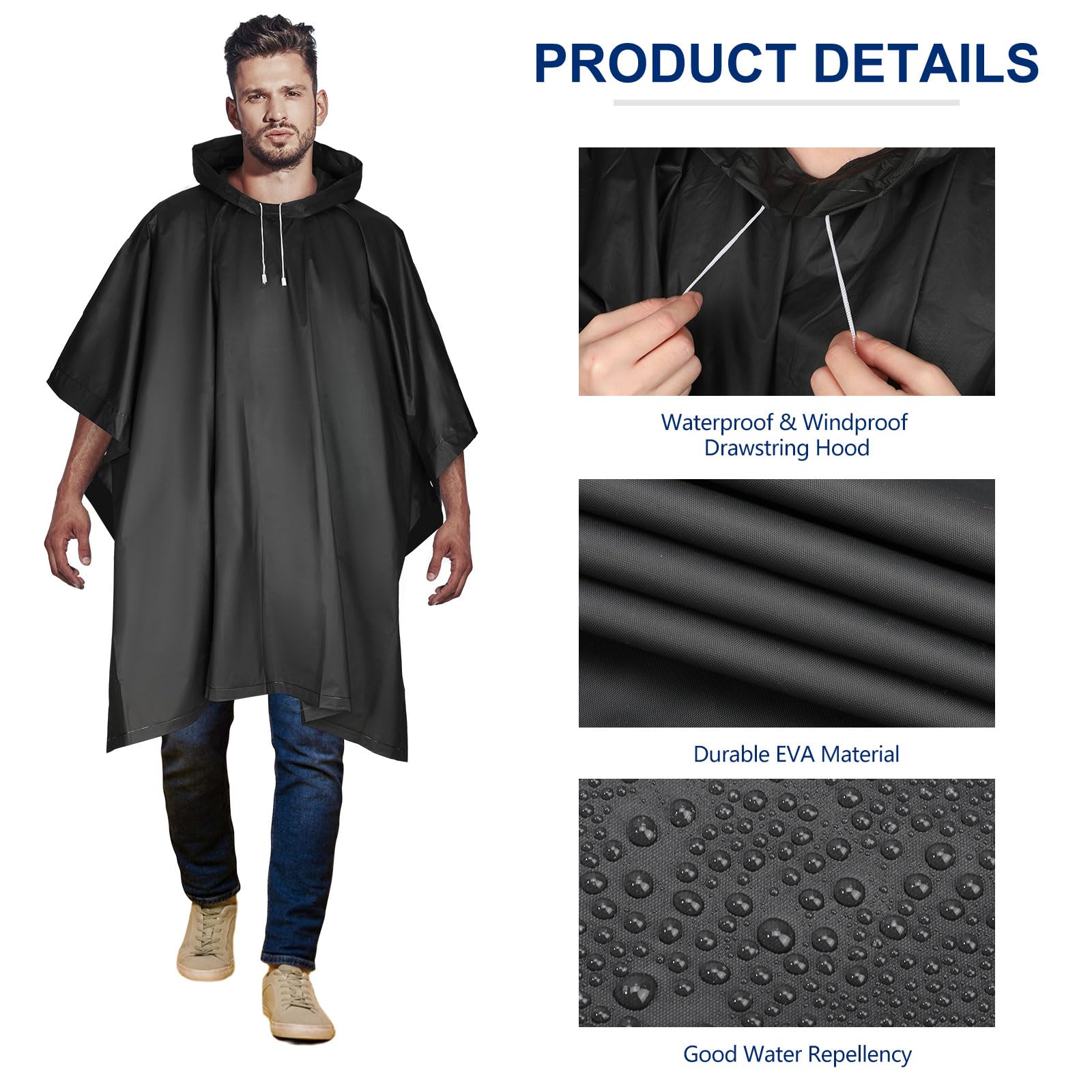 Zhehao Ponchos de lluvia negros para adultos con capucha con cordón reutilizable, impermeable, poncho de plástico grueso (20 piezas), Negro -, 0