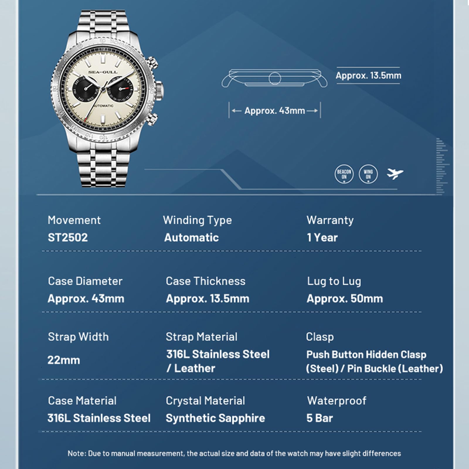 SEA-GULL Mechanische Herrenuhren, GMT Dual-Kalender, Panda-Auge, automatische Armbanduhr, Möwe ST2502, Tachymeter, leuchtend, 6177