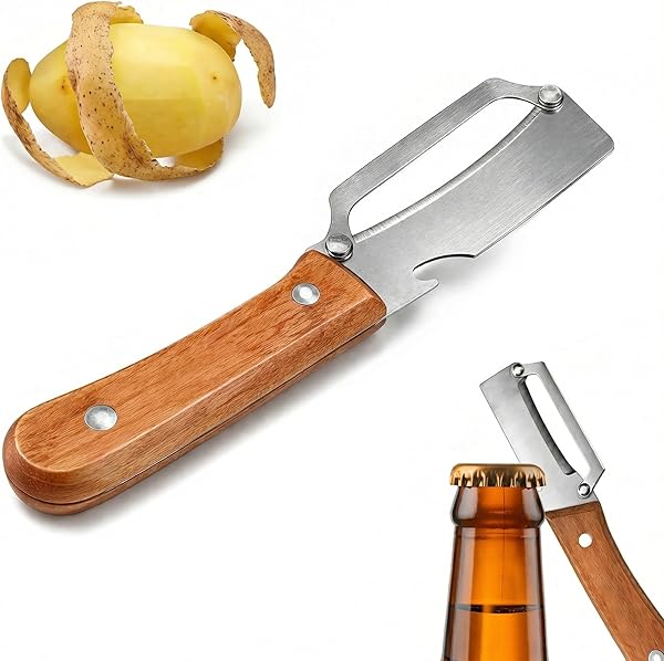 2026 Upgrade Vegetable Peeler With Wooden Handle, Stainless Steel Wide Blade Potato and Carrot Peeler, 2-in-1 Veggie Peeler With Bottle Opener for Kitchen, Camping and Travel (1PCS) - 1