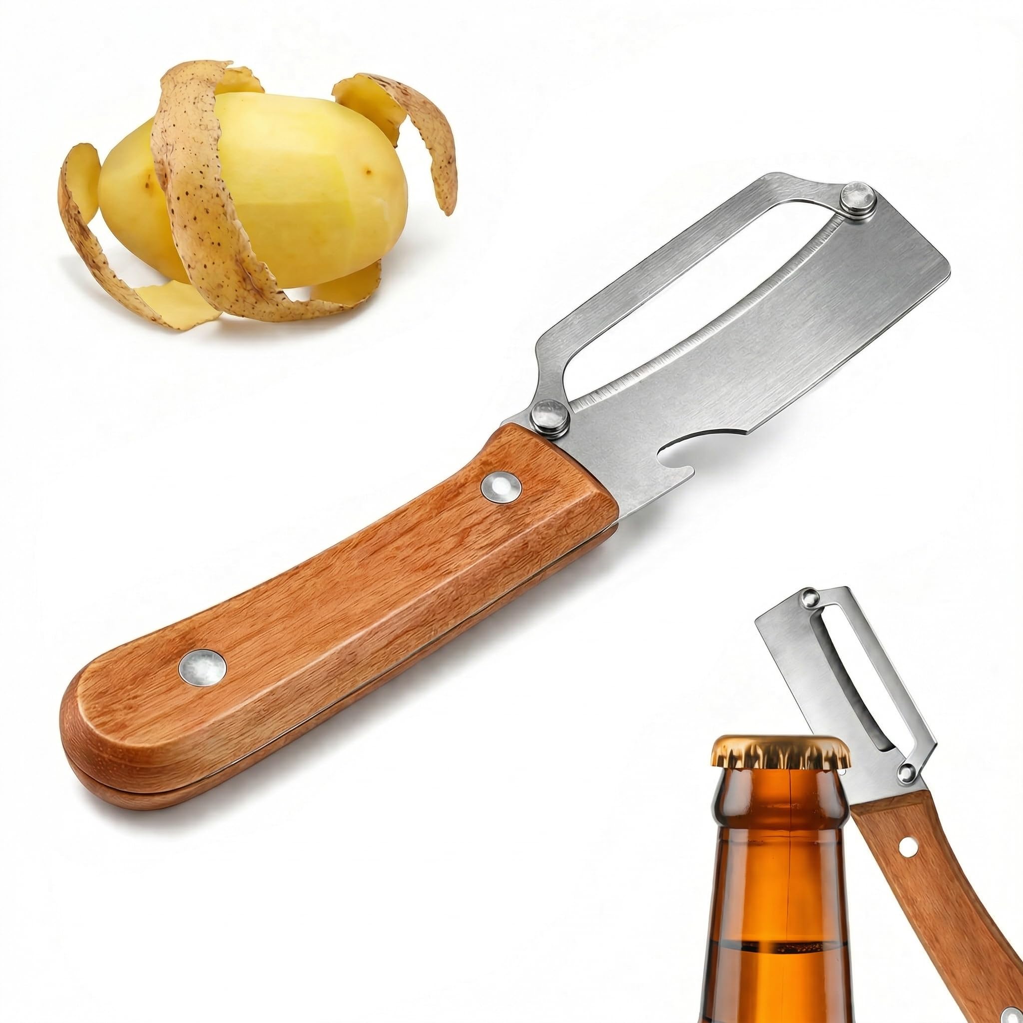 2026 Upgrade Vegetable Peeler With Wooden Handle, Stainless Steel Wide Blade Potato and Carrot Peeler, 2-in-1 Veggie Peeler With Bottle Opener for Kitchen, Camping and Travel (1PCS) - 2
