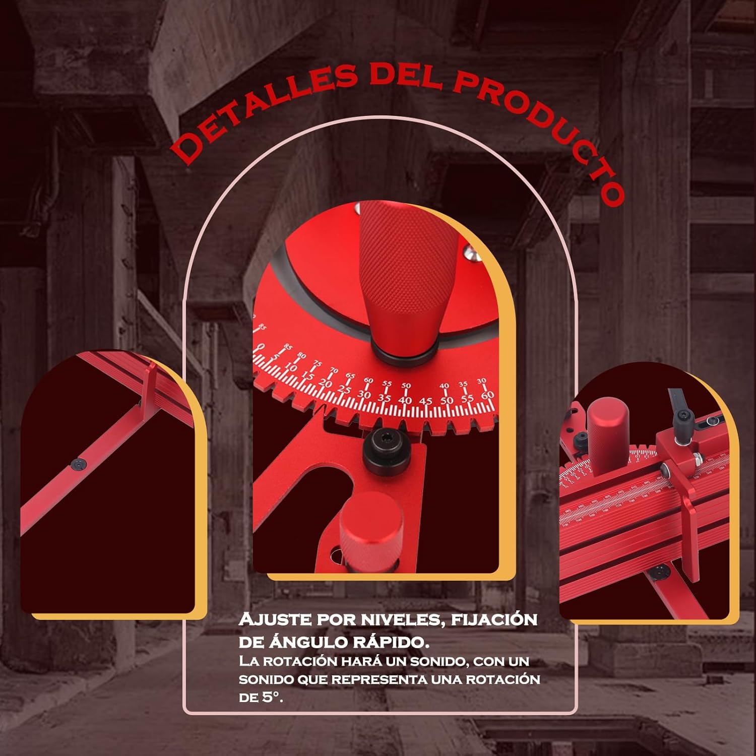 Close-up of the miter gauge's angle adjustment dial and locking mechanism.