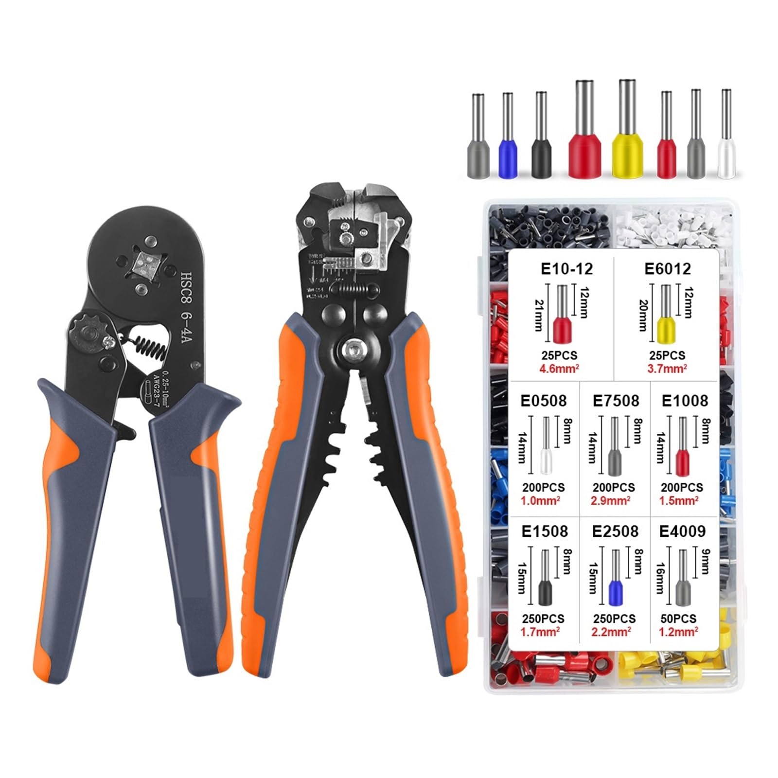 Terminales De Cable Aislados Herramienta Crimpadora Virola Trinquete HSC8 6-6A - 24-10AWG Pelacables, Kit Engaste Preciso(6-4A YQ 1200PCS)