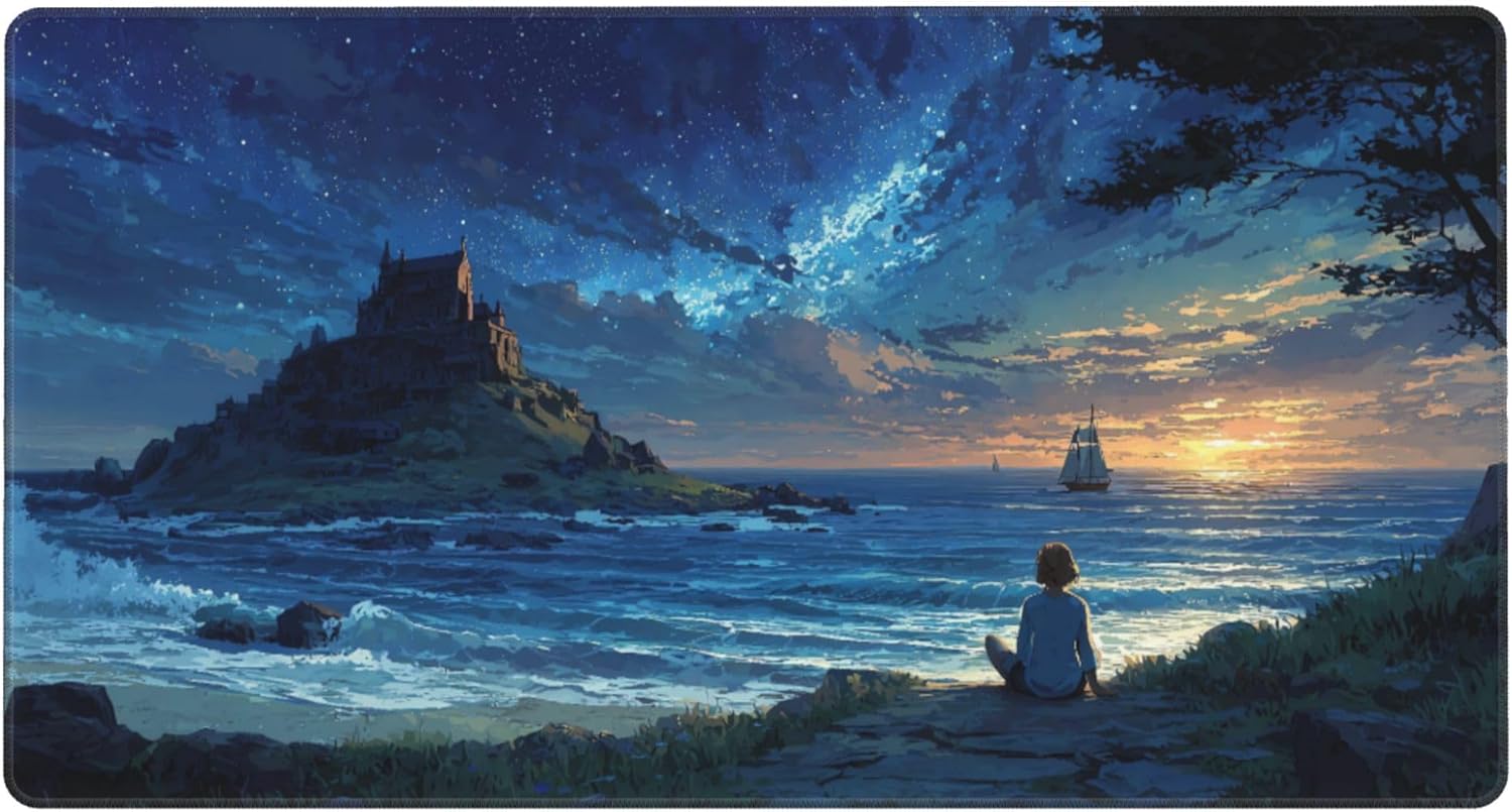 Large Mouse Pad Sky Sea Sunset Anime Mouse Pad Large Gaming Mousepad Galaxy Print Desk Mat with Non-Slip Rubber Base Smooth Surface Stitched Edges for PC Gamer Office 29.5x15.7in