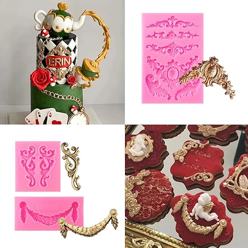 Miniatura 5 de Rainmae 4 moldes barrocos de silicona para fondant, molde de chocolate con encaje de flores de alivio, molde de arcilla de encaje de desplazamiento,