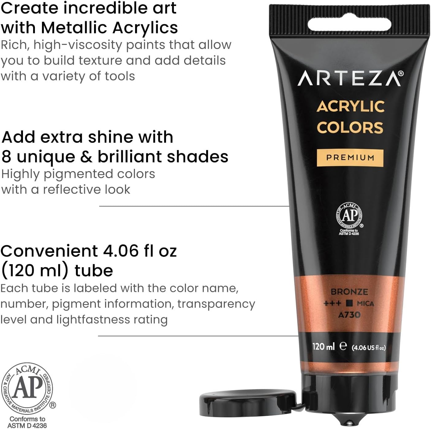 ARTEZA Metallic Acrylic Paint, 8 Metallic Colors in 4.06 ounce Tubes, Artist Paints for Hobby Painters, Art Supplies for Canvas Painting