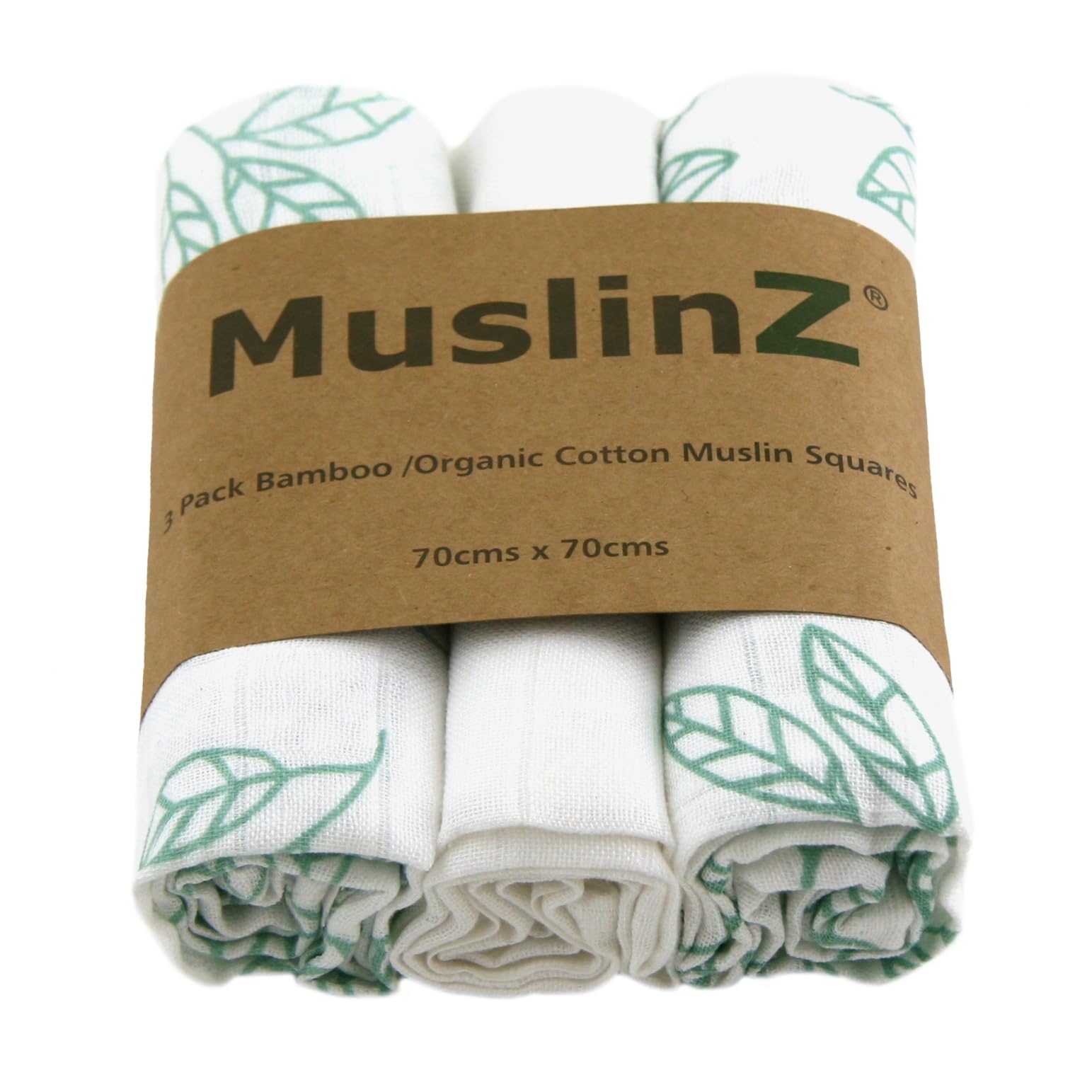 Muslinz Aqua Leaf 3Pk Baby Muslin Squares, Burp Cloths, Newborn Essentials, Soft Bamboo/Organic Cotton 70 X 70Cm (Aqua Leaf)