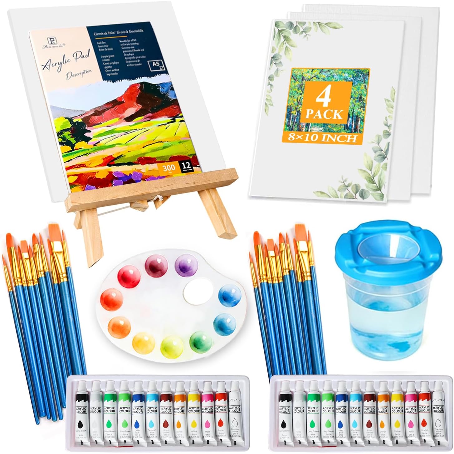 BikeLock 52-Piece Acrylic Paint Set with Easel, 24 Colors, Brushes, 4 Canvases, Palette - Ideal for Beginners, Kids & Hobbyists