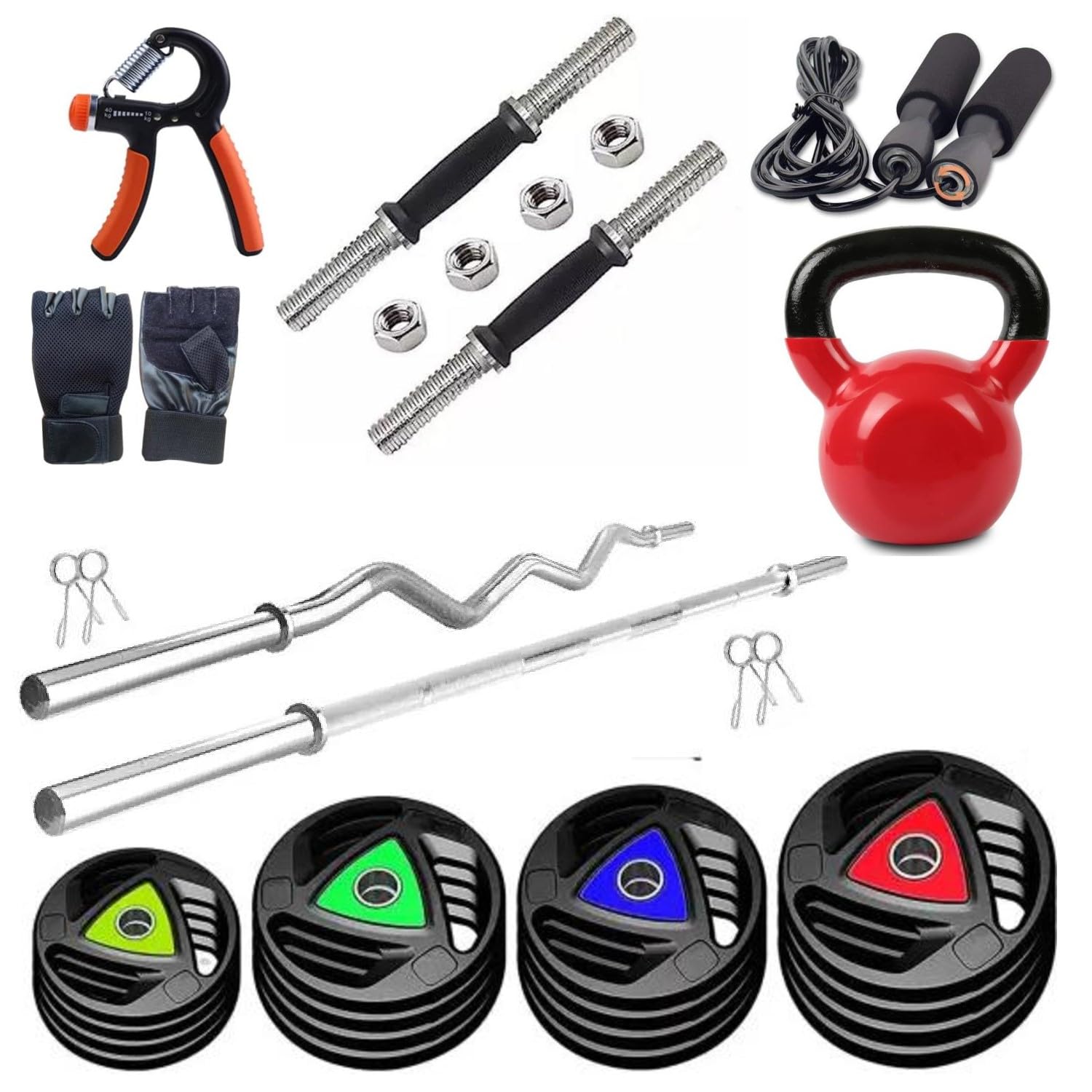 FITRXX 14kg Home Gym combo Set With 5ft Straight, 3ft Curl Rod, 4kg Vinyl Coated Kettlebell, 1 Pair Dumbbell rod, skipping rope, gym gloves, hand gripper, Metal Rubber Coated Weight Plates (28mm Hole) (B0CQV4TR24) Amazon Price History, Amazon Price Tracker