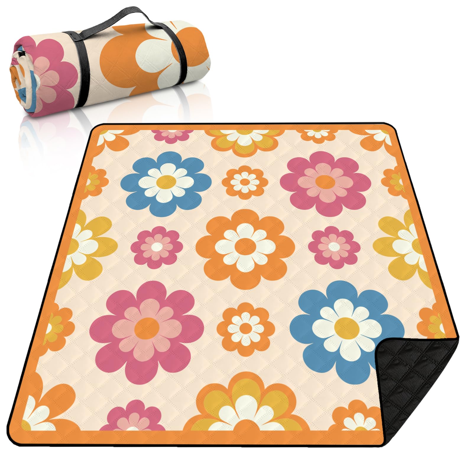 MAYJOYDIY Extra Large Outdoor Picnic Blanket 2×2m Waterproof Beach Blanket with Carry Strap Foldable Travel Essential Accessories Gift for Grass Concert Park Lawn(Orange Flowers)