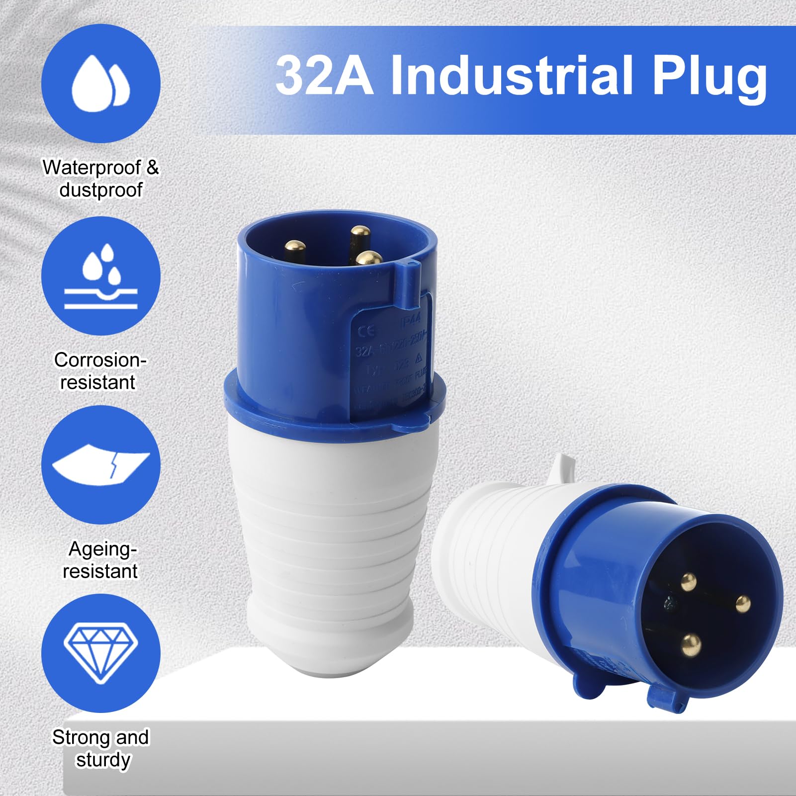 2PCS 32Amp Plug Socket,Industrial Plug 1-Phase 3 Pin Waterproof IP44 32A 220-250V 2P+E Blue Connector Socket with Male/Female Locking Mechanism for Construction Industry Sites Applications - Image 3