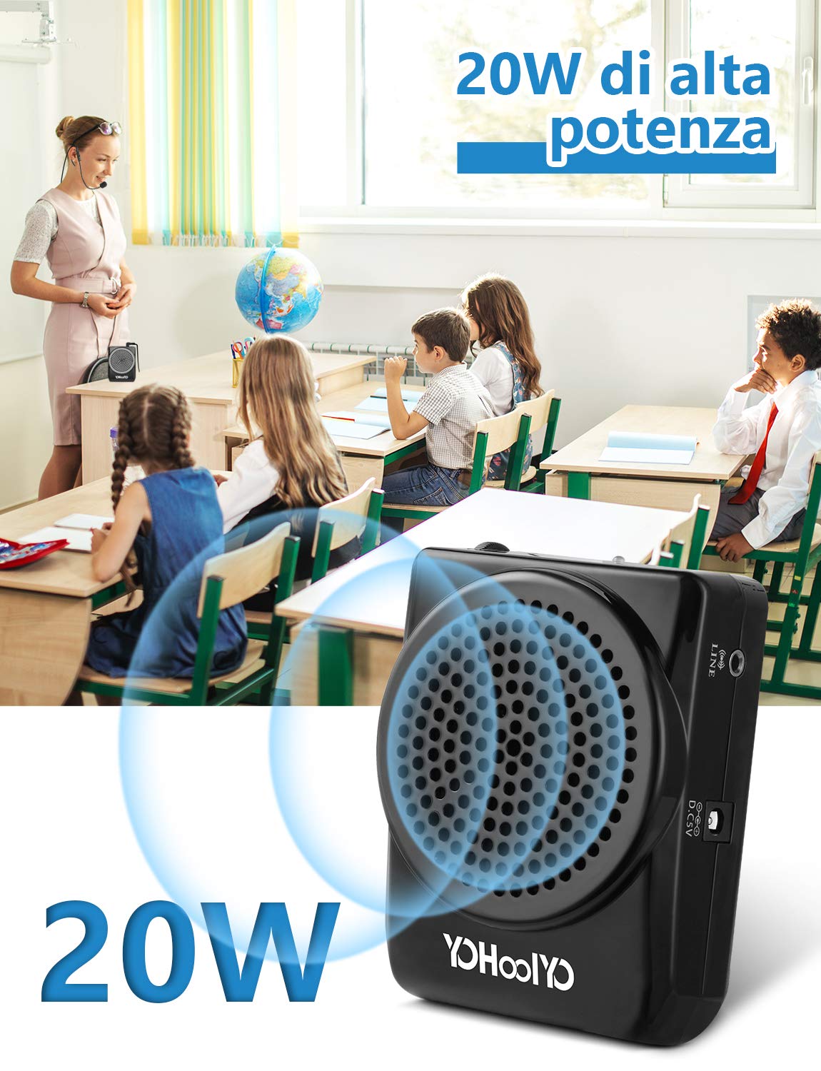 YOHOOLYO Mini Amplificatore Altoparlante di Voce 20W da Cintura Ricaricabili, Microfono Portatile Speaker con Microfono Auricolare Regolabile, Amplificatore Vocale per Insegnanti Guida Turistica