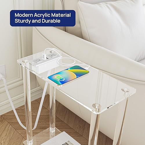 Miniatura 8 de HMYHUM Mesa auxiliar estrecha de acrílico con estación de carga, 7 pulgadas de ancho, mesa auxiliar pequeña de 2 niveles para espacios pequeños,