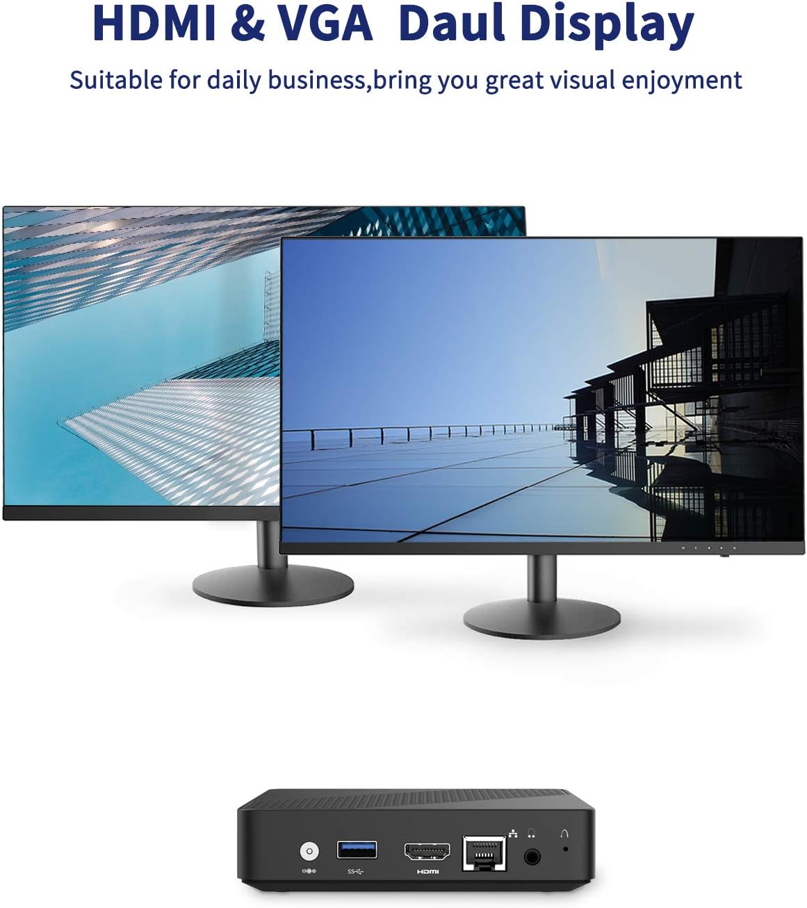KODLIX N33 Mini PC connected to two monitors, one via HDMI and one via VGA, displaying an extended desktop.