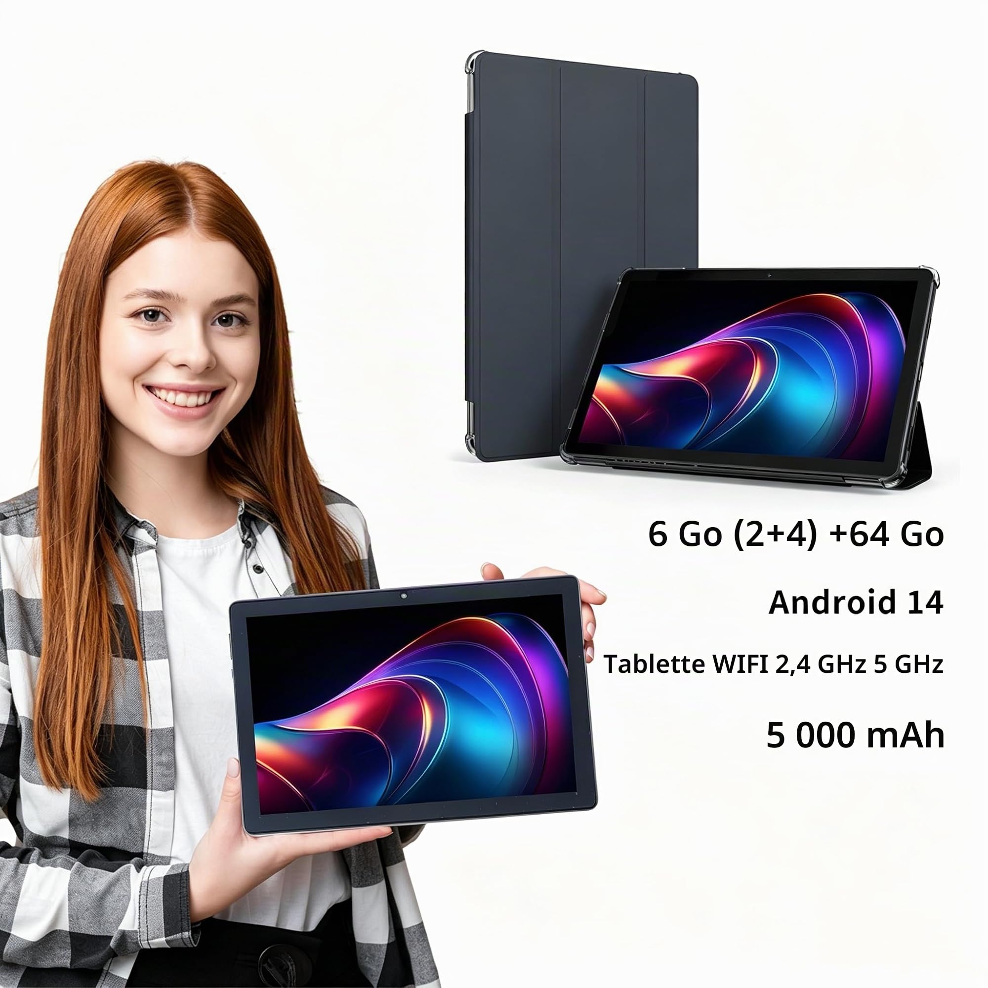 Tablette Enfant 10 Pouces Android 14 - Rebeat A5 Processeur Quad-Core 1,6 GHz, 6 Go de RAM, 64 Go de ROM Extensible jusqu'à 1 to, écran Tactile LCD HD 1280 x 800, Double caméra, Wi-FI 6.0, BT 5.0