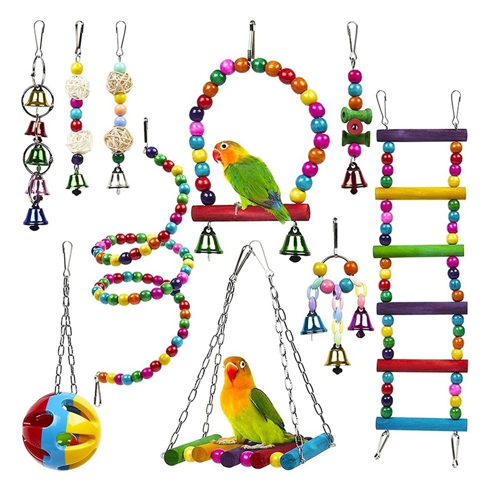 Pájaro Juguetes 10 Pack Jaula de Pájaros Juguetes para loros Fiable y masticable - Swing Hanging Kau Mordedura Puente de Madera Perlas Bola Campana Juguete
