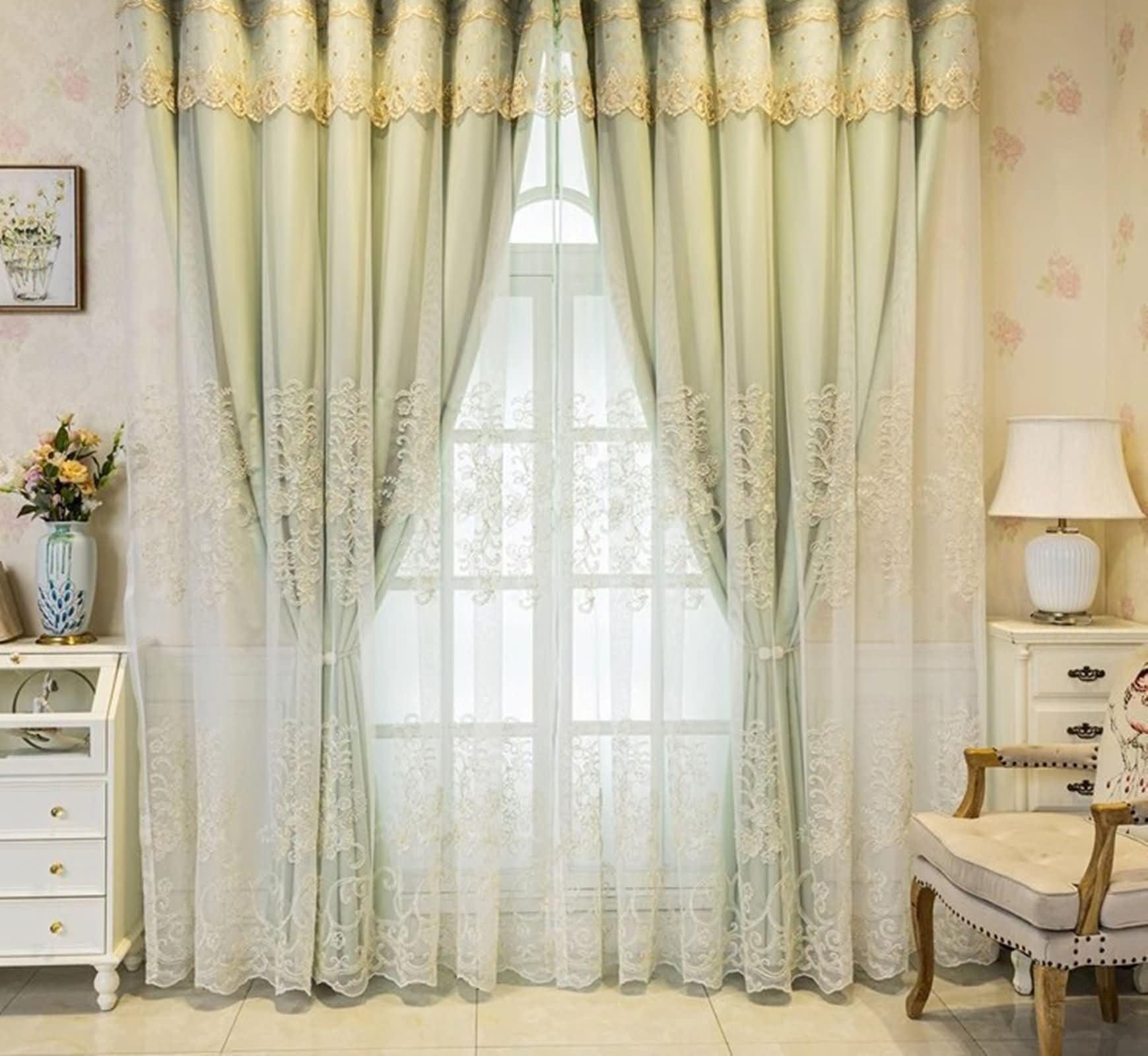 Tenda Oscurante Finestra, 132x115cm Ricamo in pizzo doppio strato Tenda oscurante per l'oscuramento della stanza, Pleat Hook, Verde