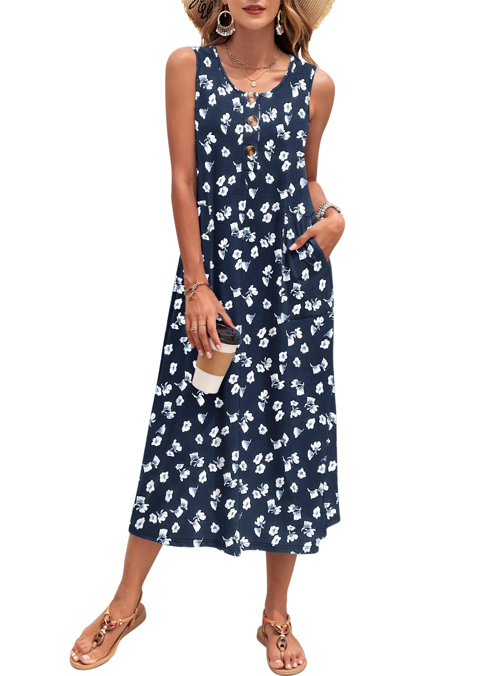 PLOKNRD Damen Sommer Maxi Kleid Ärmellos Strandkleid Lässiges Lange Button-Down Tank Kleid mit Taschen