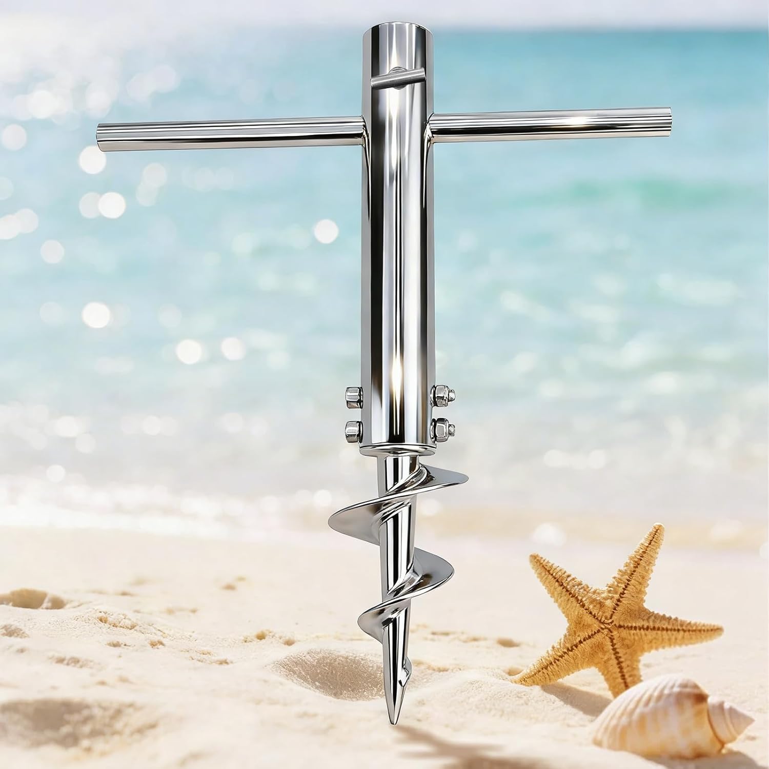 304 Stainless Steel Beach Umbrella Sand Anchor (Fits 1-2" Poles), Screw-in Spiral Ground Stake Umbrella Holder with Adjustable Hand-Screw Clamp, 6 in Auger for Sand, Grass & Soil